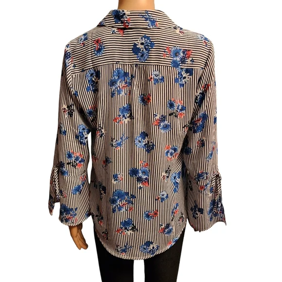 Floral Striped Blouse with Open Bell Sleeves - Picture 4 of 12